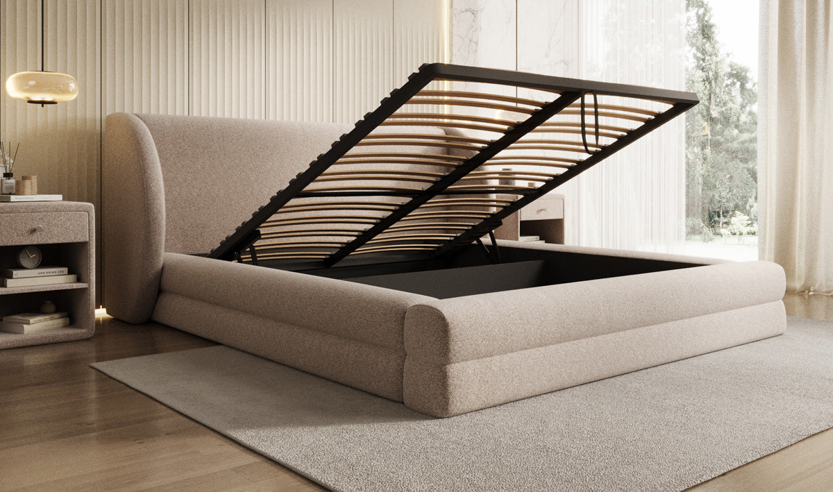 Designer Polsterbett Liv in Strukturstoff mit Stauraum