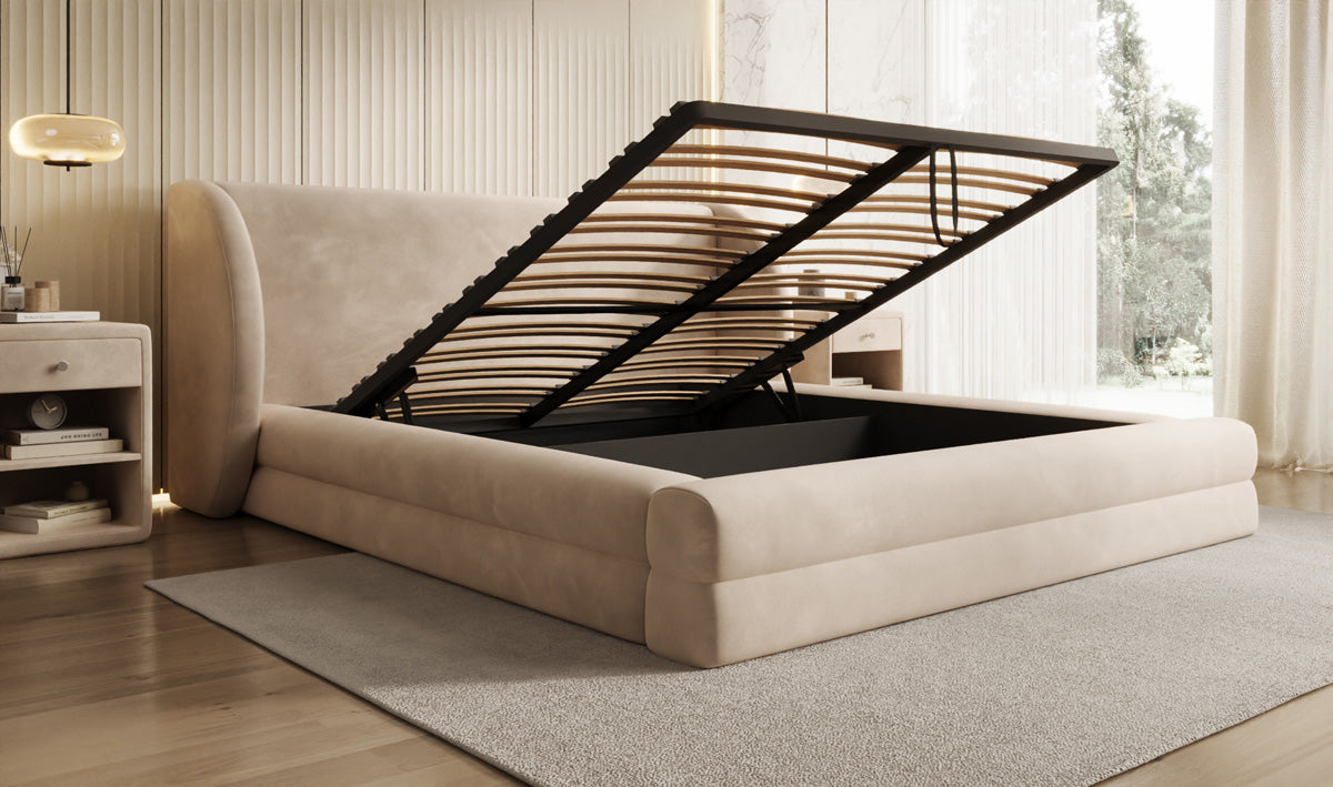 Lit rembourré design Liv en Velours avec espace de rangement