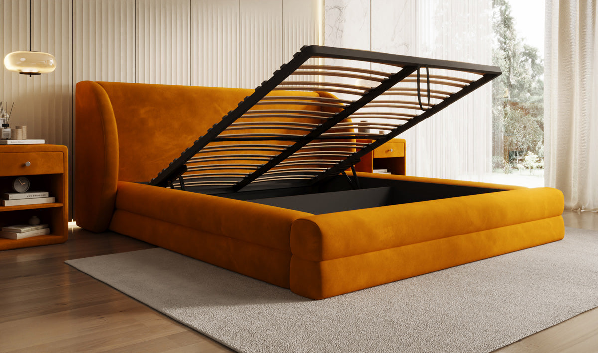 Lit rembourré design Liv en Velours avec espace de rangement