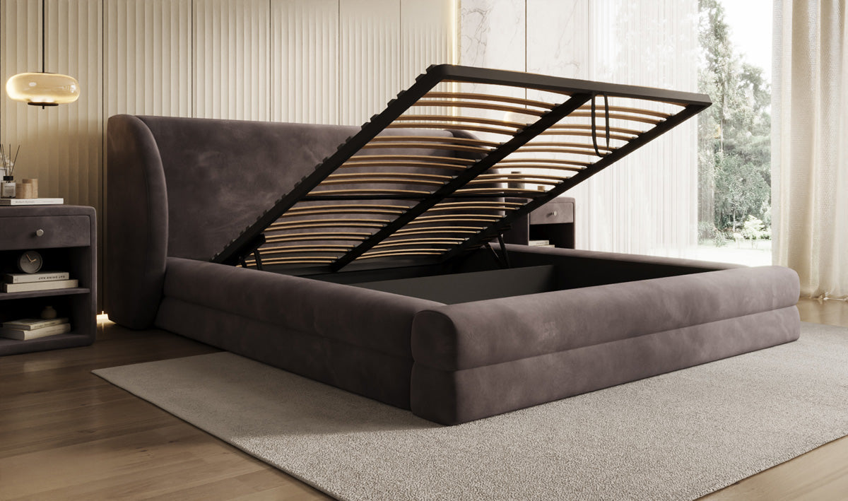 Lit rembourré design Liv en Velours avec espace de rangement