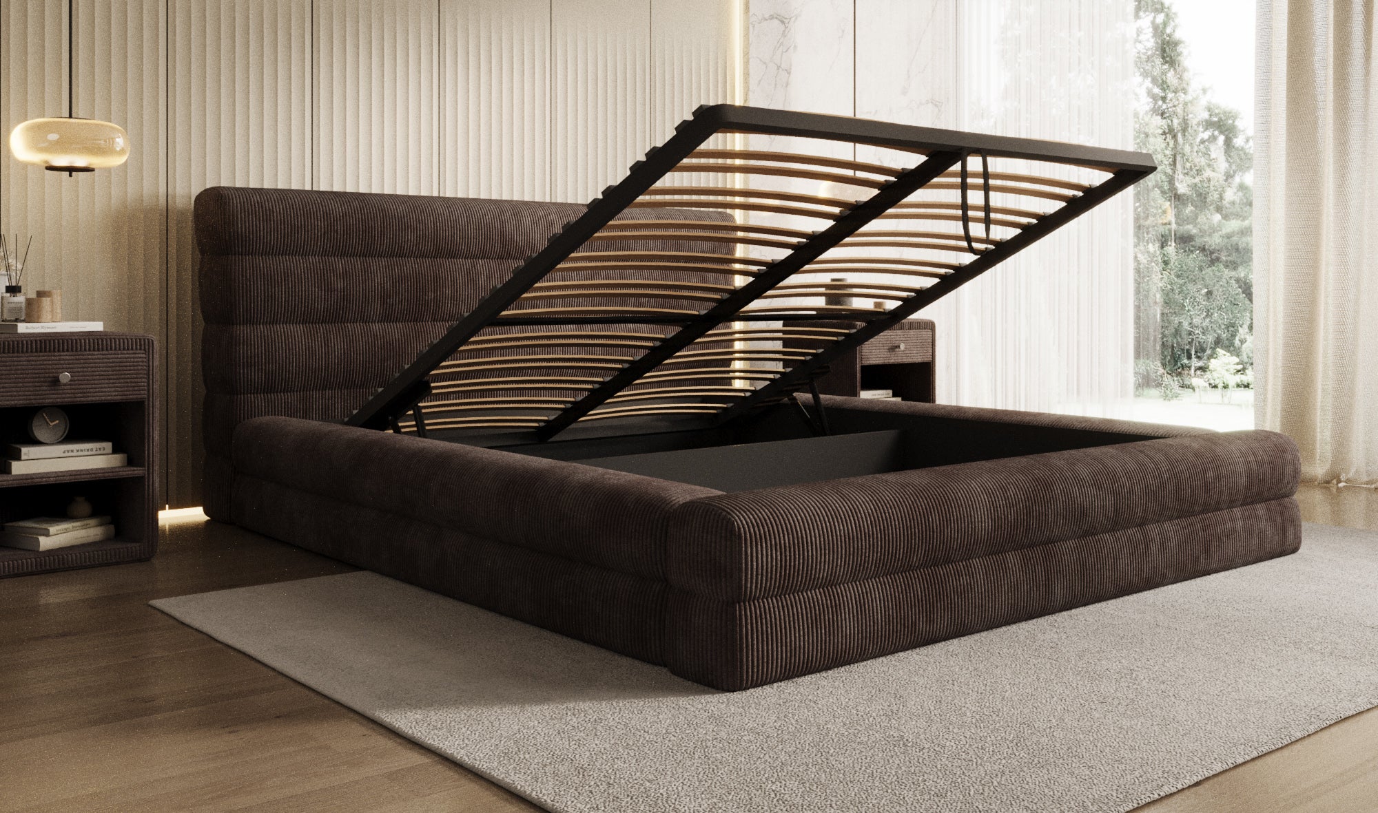 Designer Polsterbett Maren Cord mit Stauraum