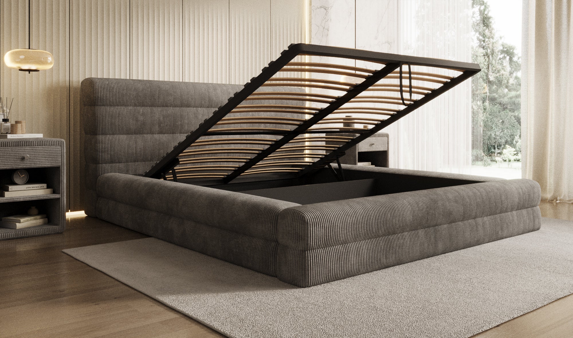 Designer Polsterbett Maren Cord mit Stauraum