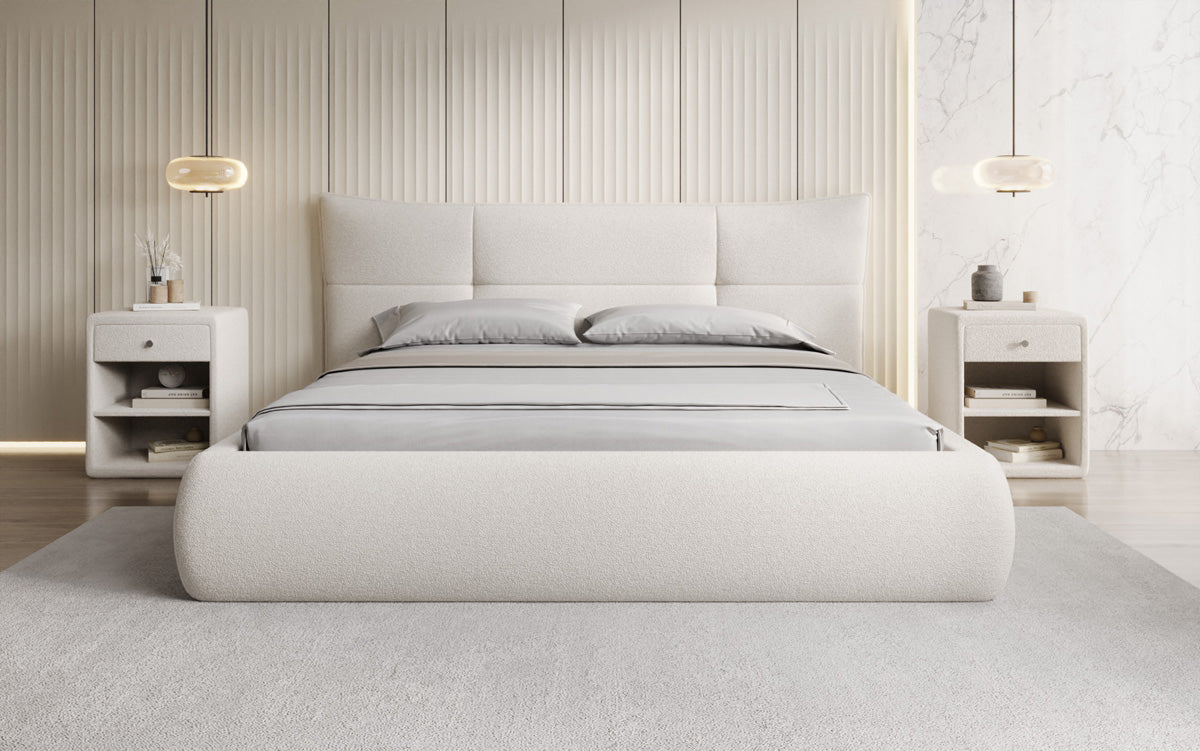Lit rembourré design Gioia en Peluche Bouclé avec espace de rangement