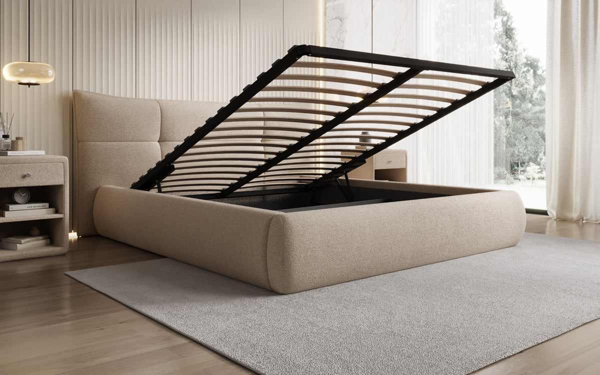 Lit rembourré design Gioia en Peluche Bouclé avec espace de rangement