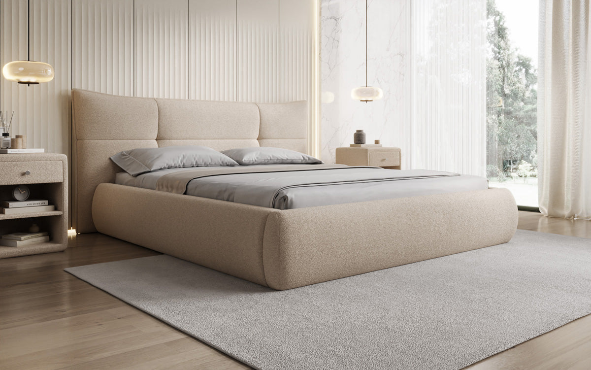 Lit rembourré design Gioia en Peluche Bouclé avec espace de rangement