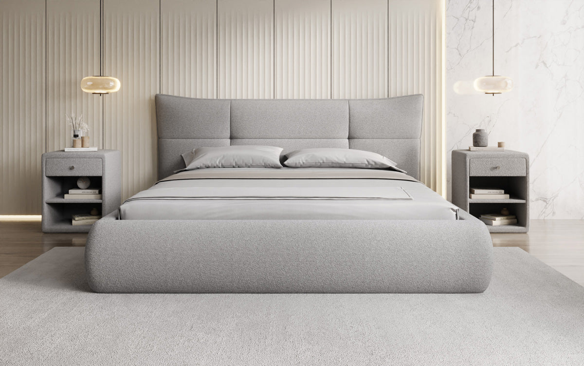Lit rembourré design Gioia en Peluche Bouclé avec espace de rangement