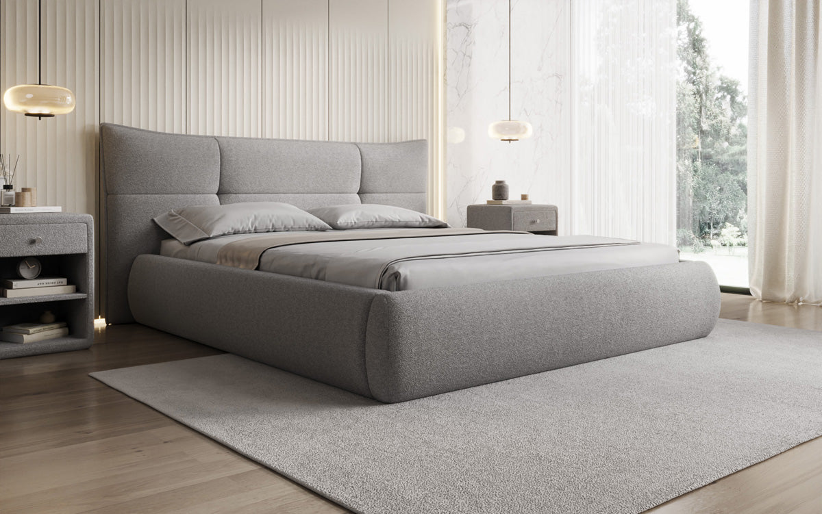 Lit rembourré design Gioia en Peluche Bouclé avec espace de rangement