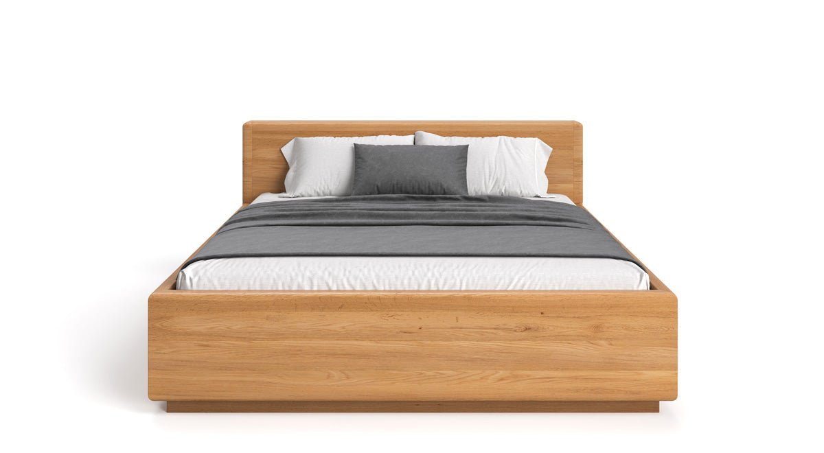 Lit en bois massif Calveno en chêne avec rangement et tête de lit droite