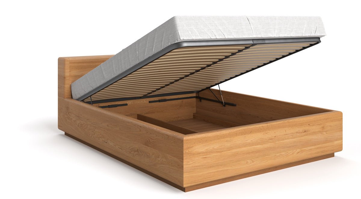 Lit en bois massif Calveno en chêne avec rangement et tête de lit droite