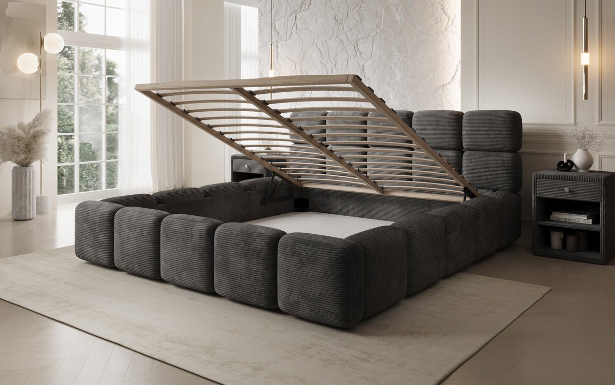 Lit rembourré design Matilda Côtelé avec espace de rangement