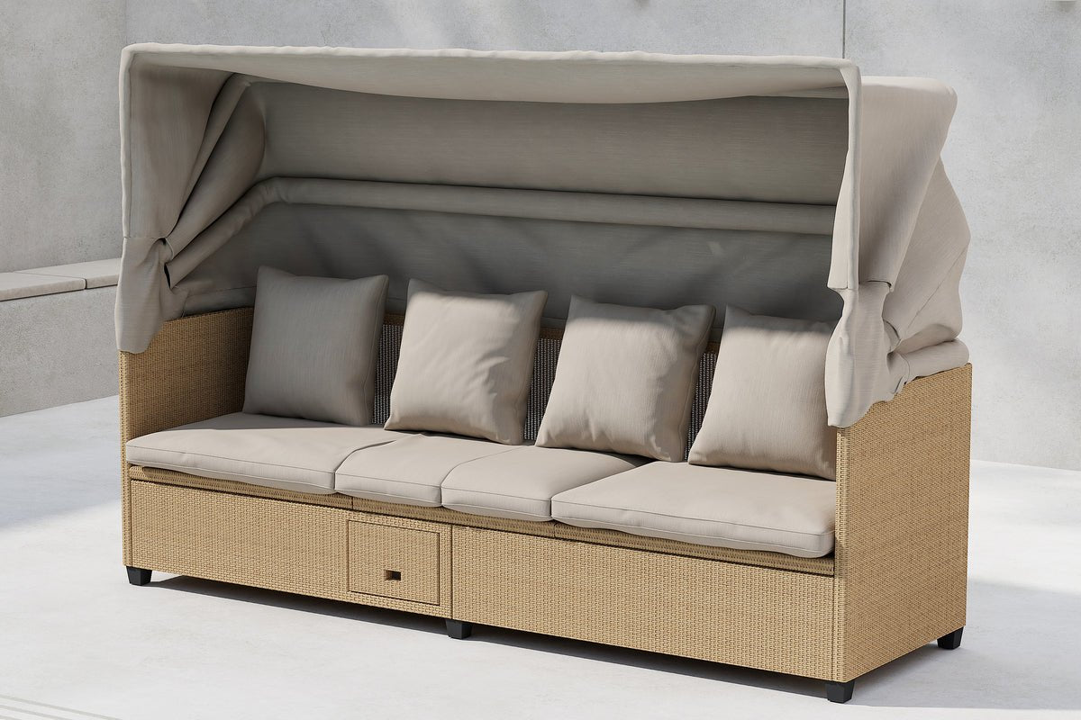 Garten Daybed Merano – Outdoor-Liege mit Sonnendach aus Polyrattan in Beige