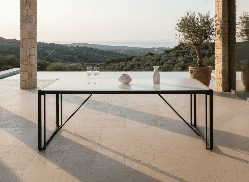 Table à manger de jardin Lorenzo - 200x90 cm avec un plateau en verre et teck