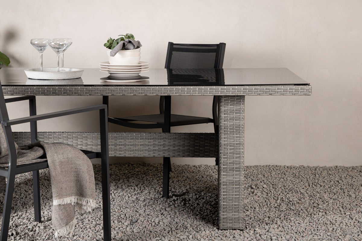 Garten Esstisch Valerio - 200x100 cm aus grauem Rattan mit Glasplatte