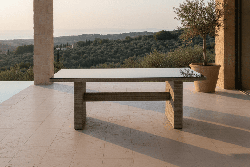 Table à manger de jardin Valerio - 200x100 cm en rotin gris avec plateau en verre