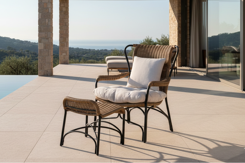 Fauteuil lounge de jardin Asia - avec structure noire et coussins clairs