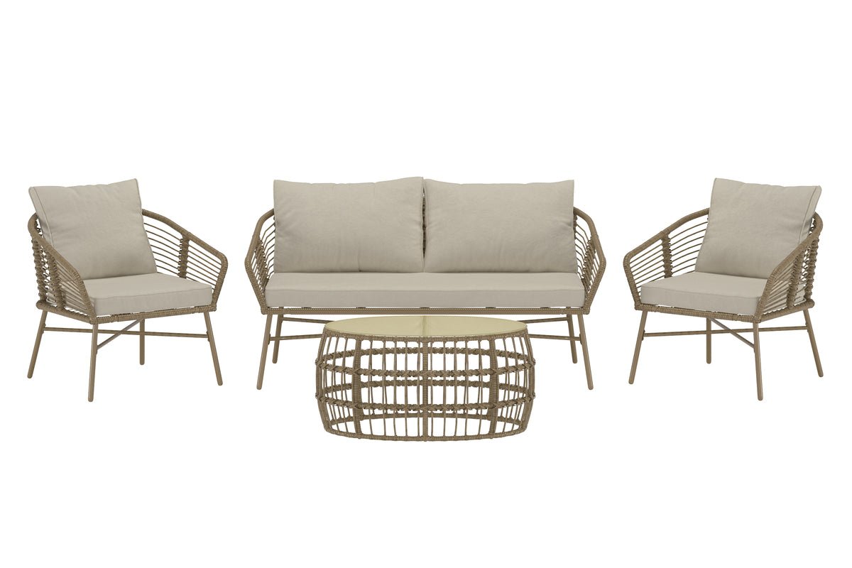 Garten Loungeset Anton – in Braun mit Glasplatte & Kissen