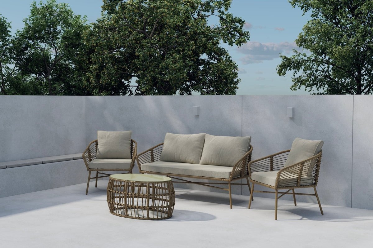 Ensemble lounge de jardin Anton – en marron avec plateau en verre et coussins