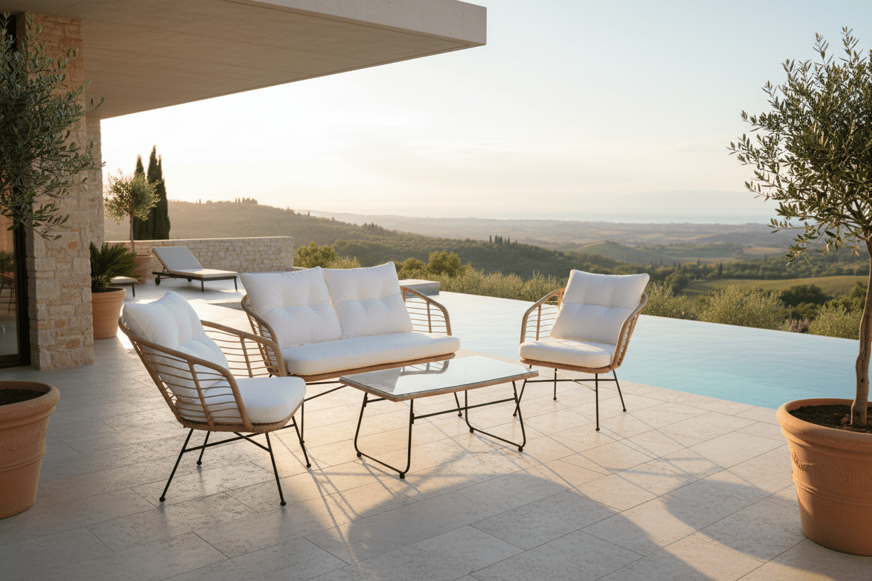 Garten Loungeset Raina – 4-teiliges Set mit Glasplatte & Kissen