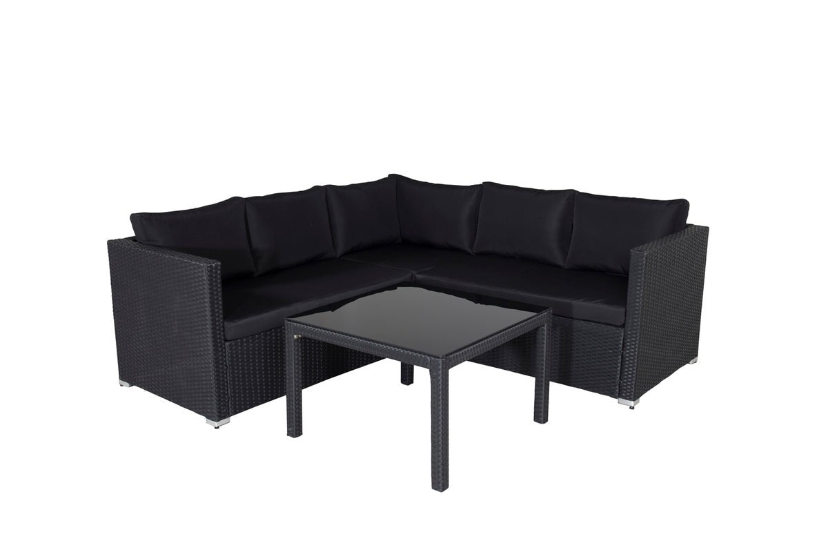 Garten Loungeset Ravello – Ecksofa-Set aus Polyrattan in Schwarz mit Glasplatte