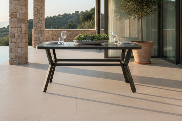Table de jardin Amaré - une combinaison de plateau en verre mat et de structure en aluminium