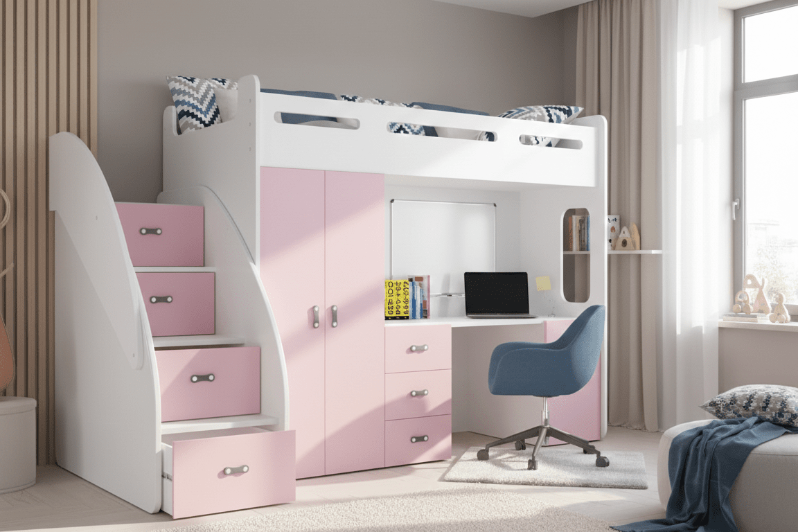 Lit mezzanine enfant Study - avec bureau, beaucoup de rangement et matelas