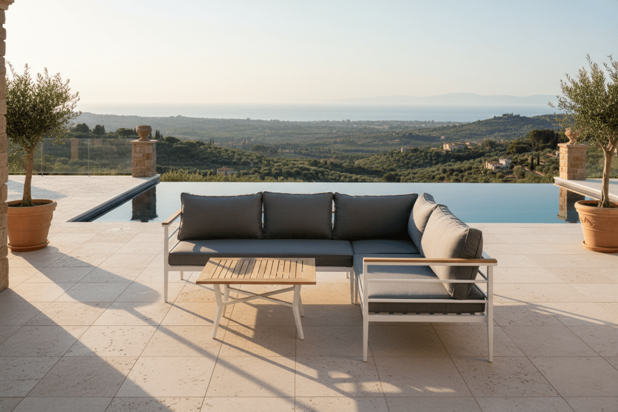 Ensemble lounge Puerto – en Métal avec détails en teck, incl. coussins