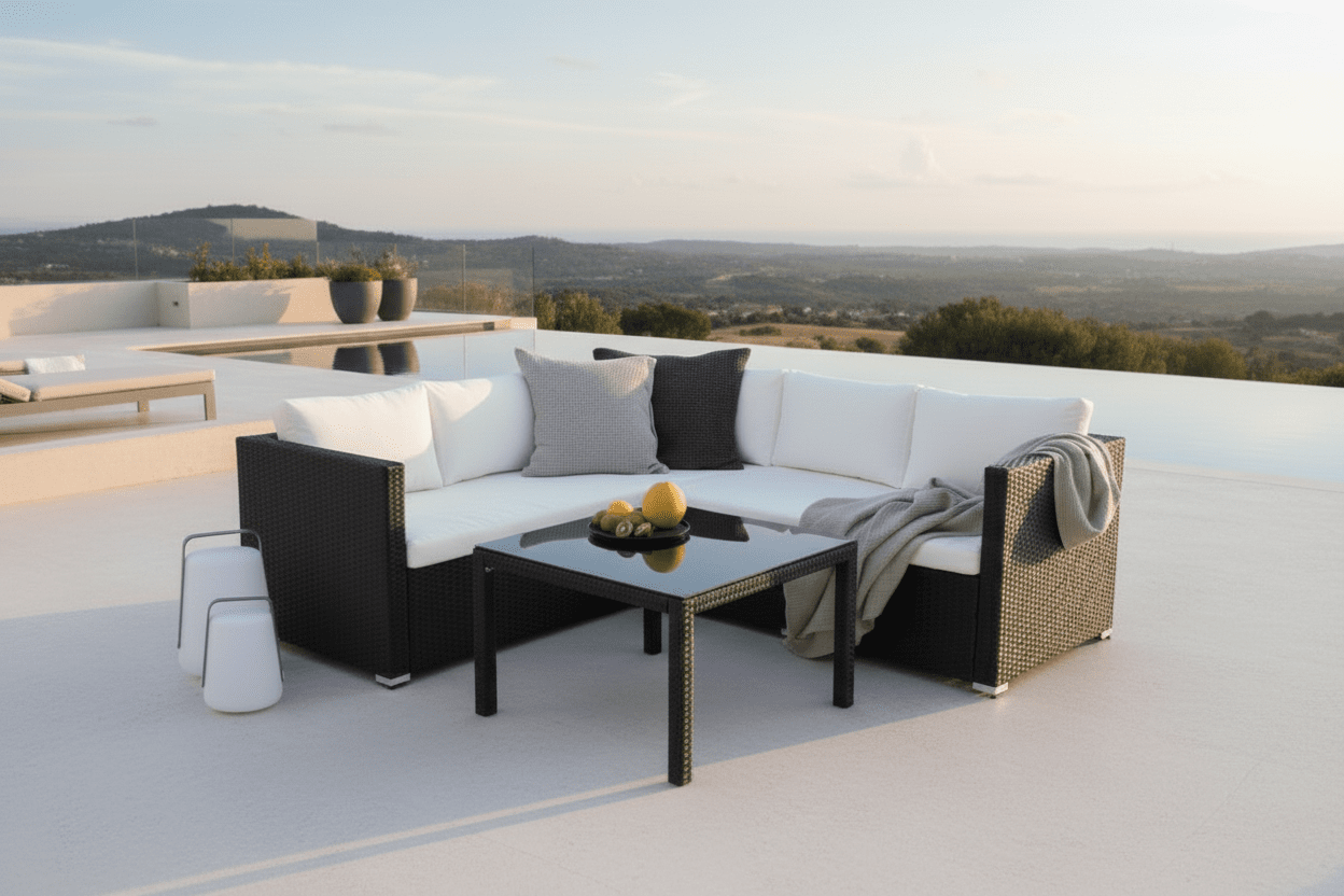 Ensemble lounge de jardin Liana – avec tissage noir et coussins blancs