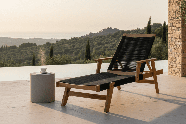 Chaise longue de jardin Ferano - réglable en bois d'acacia et corde en polyester