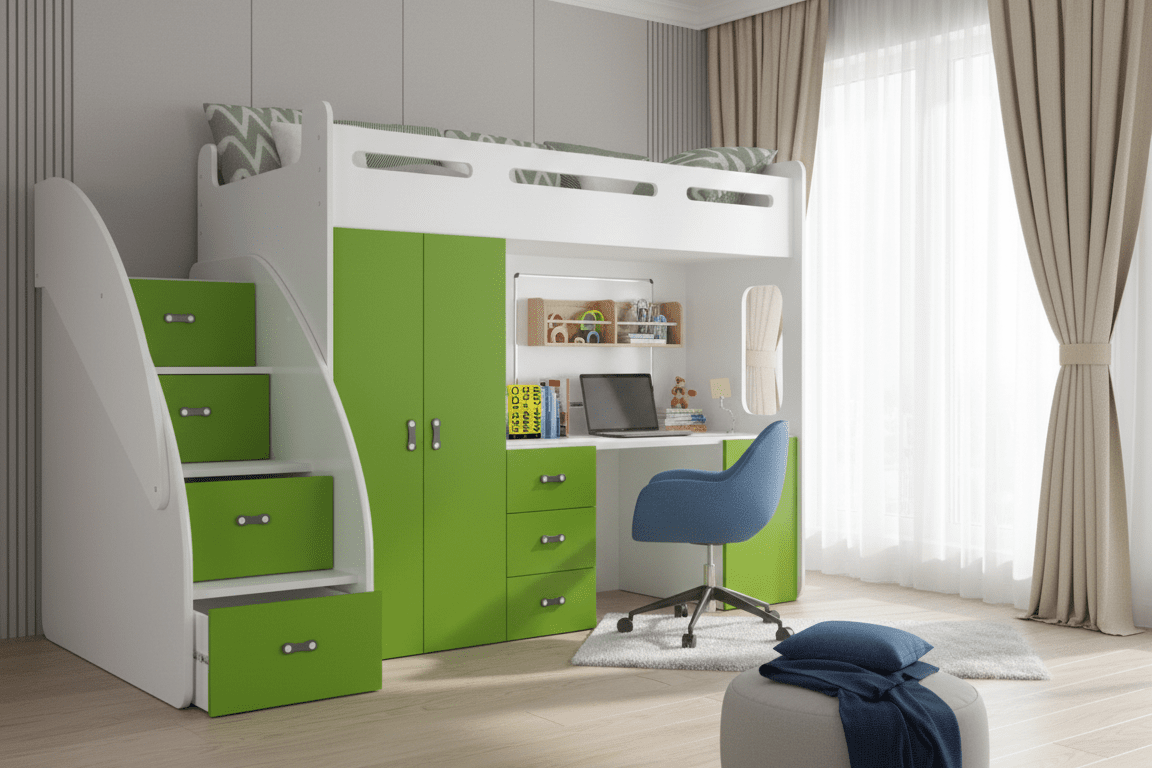 Lit mezzanine enfant Study - avec bureau, beaucoup de rangement et matelas