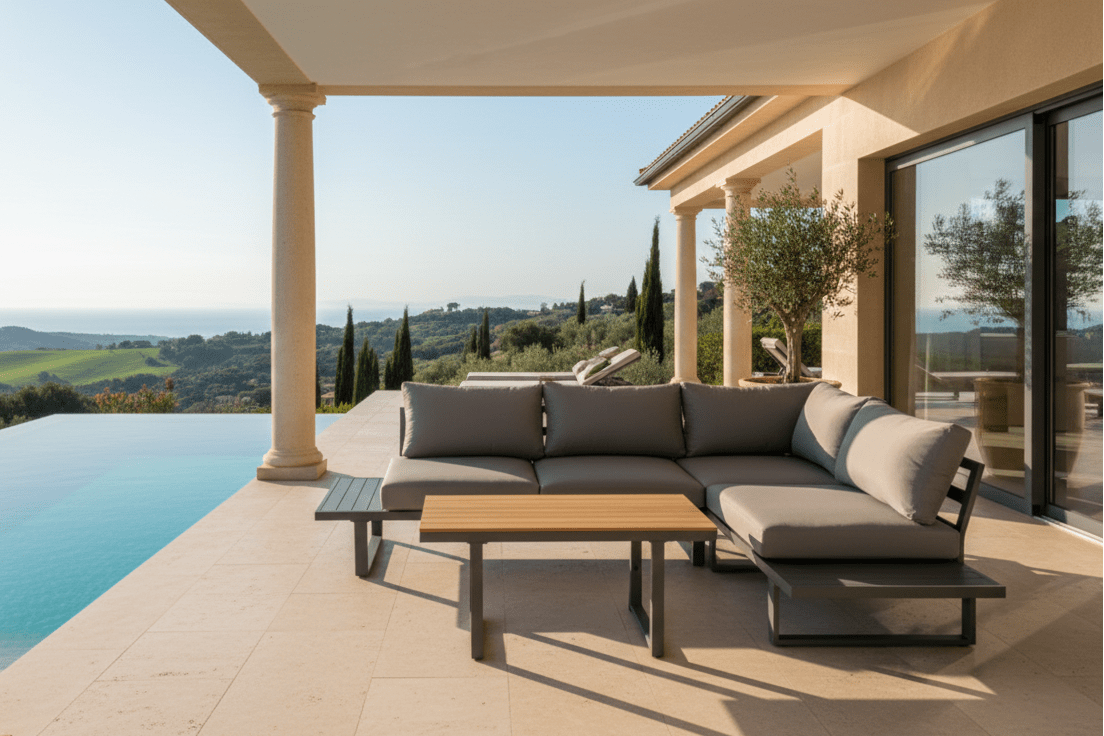 Ensemble salon de jardin Santorin – Canapé d'angle en aluminium avec table à hauteur réglable