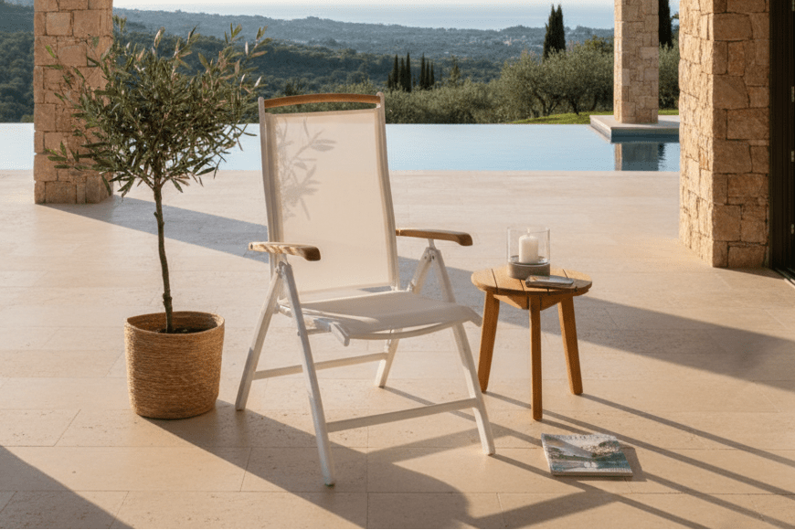 Ensemble de 2 chaises de jardin Polis - Chaise pliante en Blanc avec structure en aluminium et accoudoirs en teck