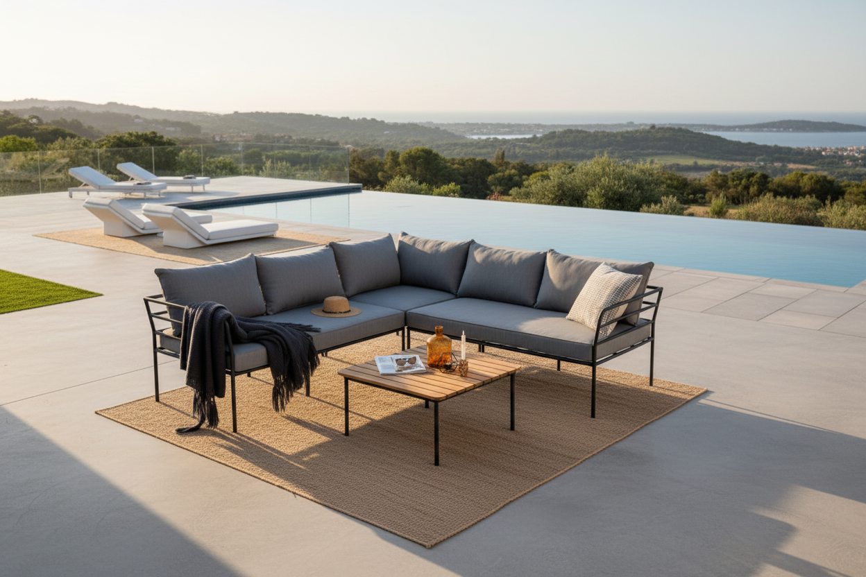 Ensemble lounge de jardin Felicita – canapé d'angle avec 4 places assises et table basse