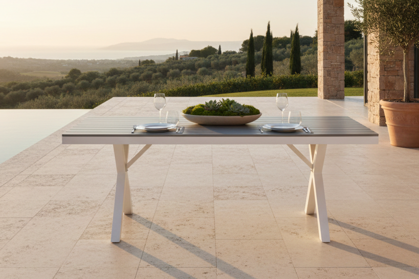Table de jardin Lumari - table à manger rectangulaire blanc-gris
