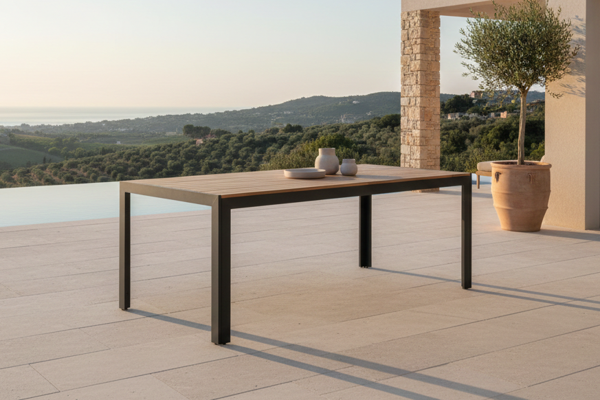 Gartentisch Uzuri - Rechteckiger Esstisch aus Akazienholz und schwarzem Metallgestell