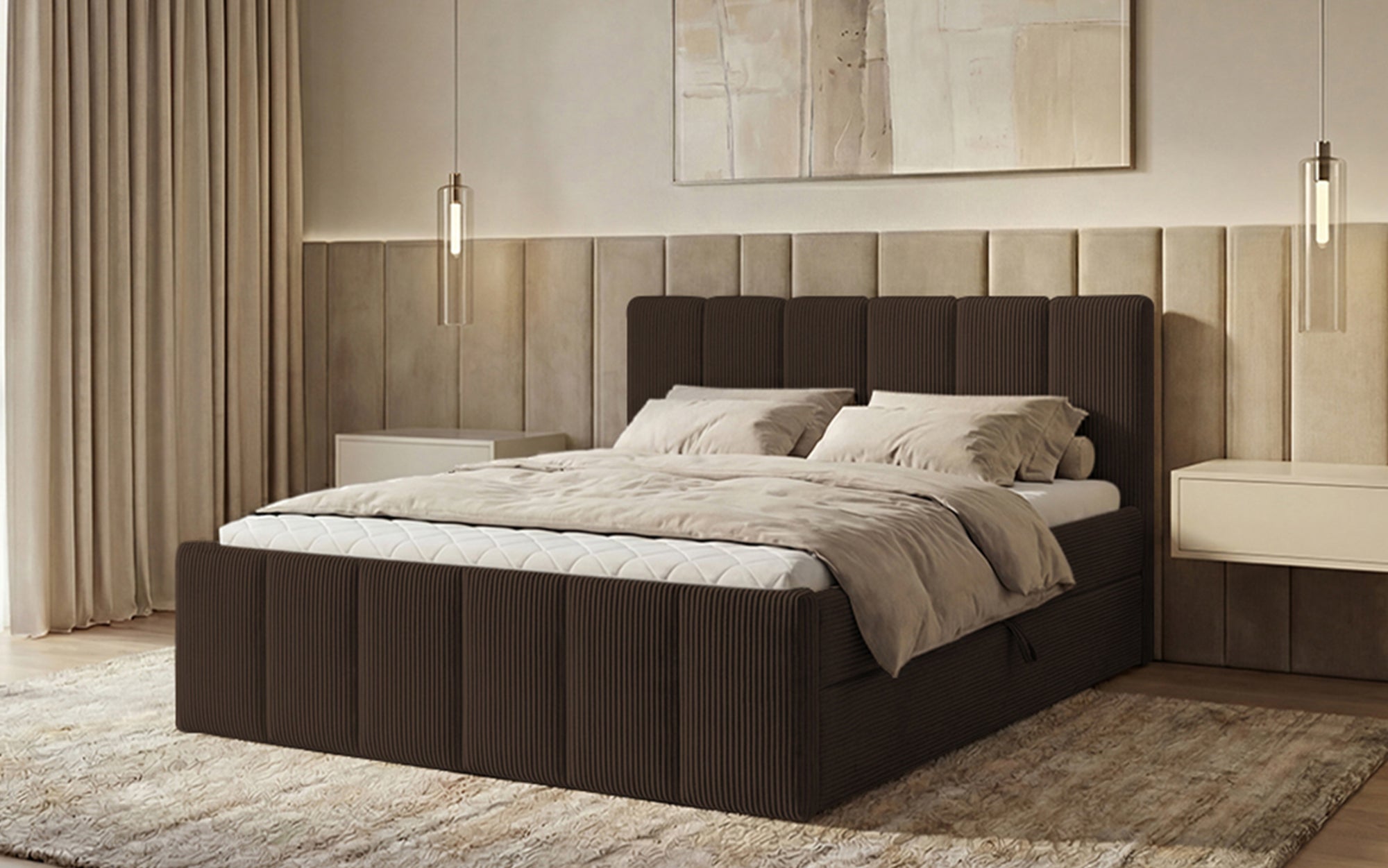 Lit boxspring Siena avec rangement relevable en Côtelé