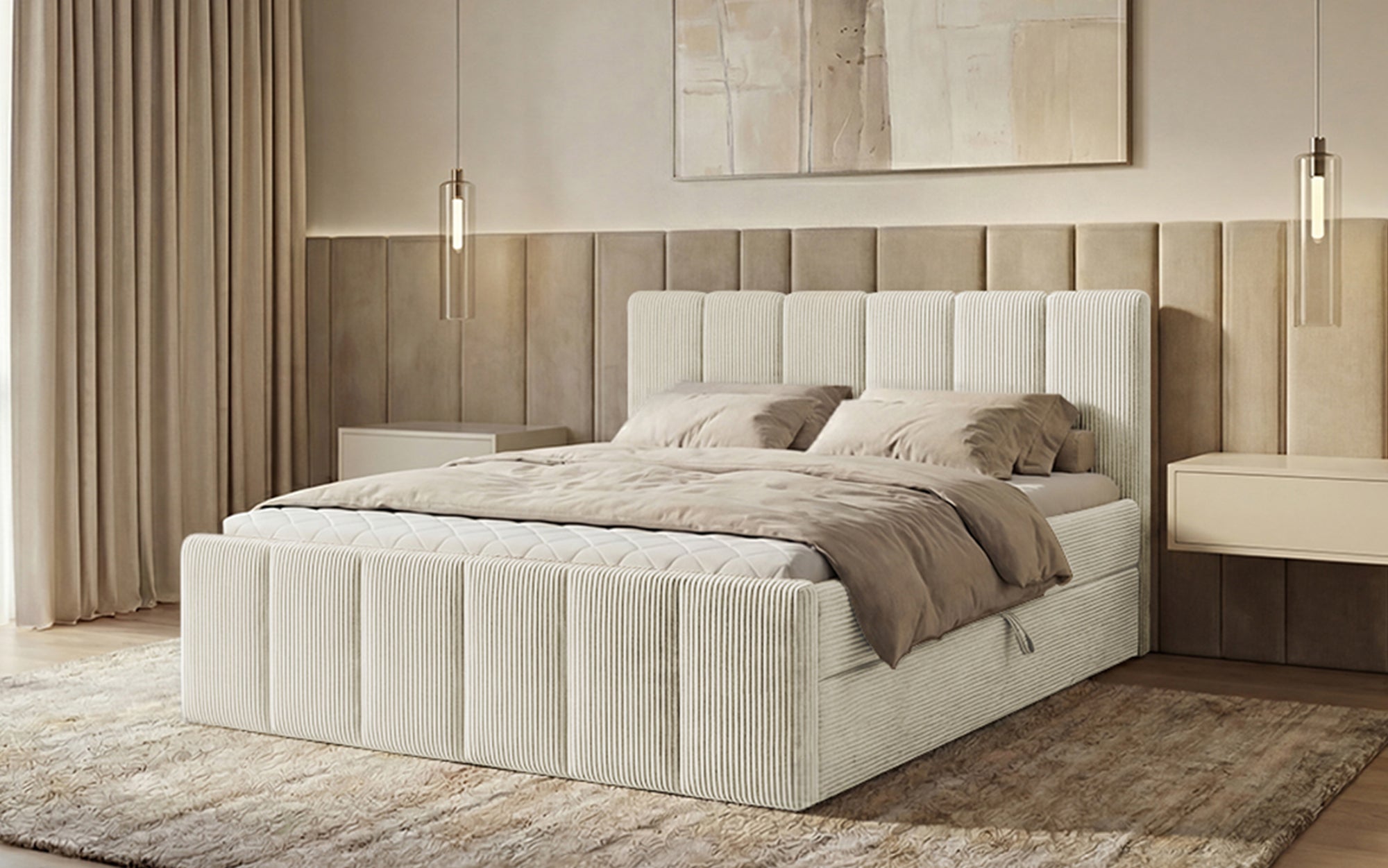 Lit boxspring Siena avec rangement relevable en Côtelé