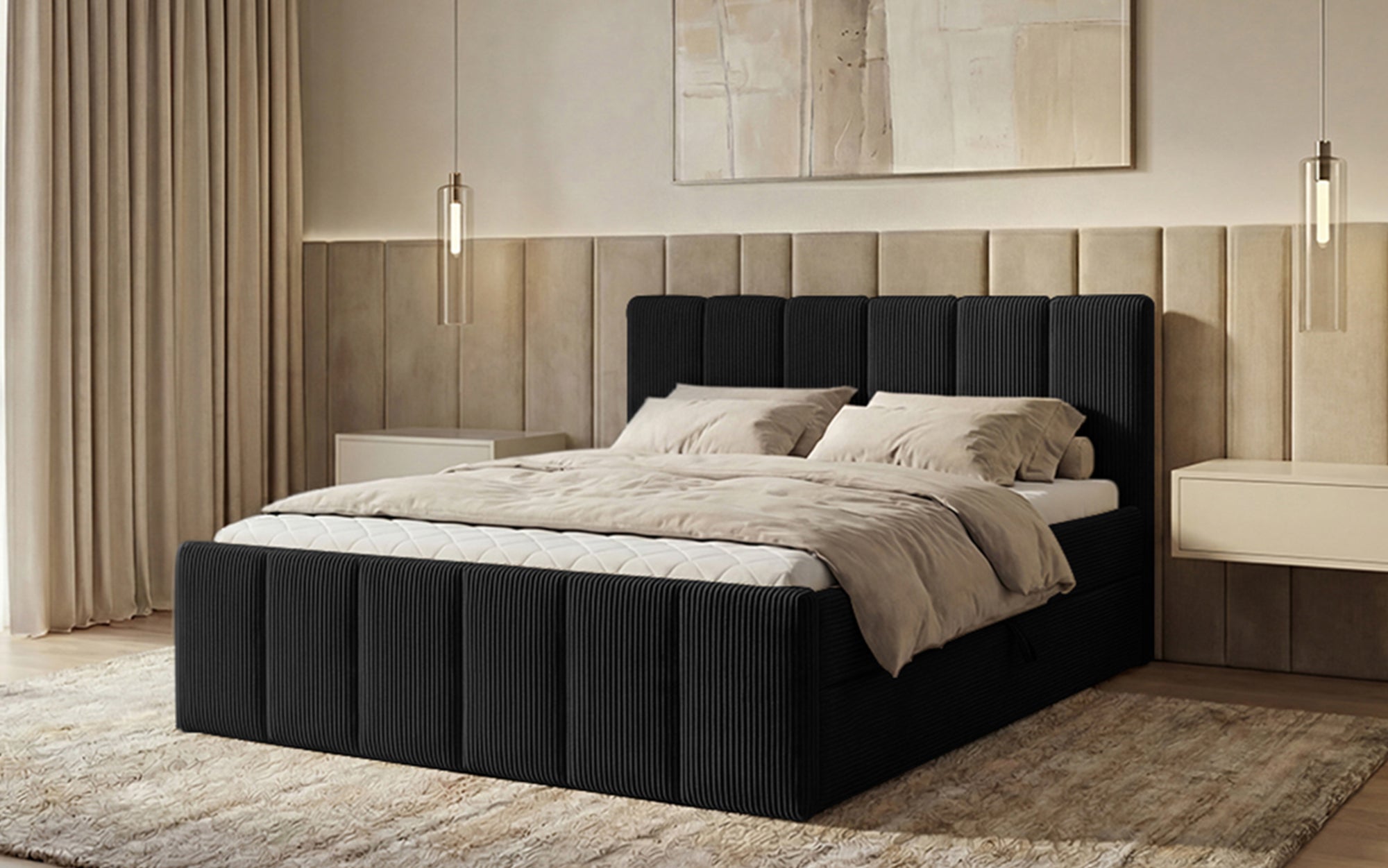 Lit boxspring Siena avec rangement relevable en Côtelé