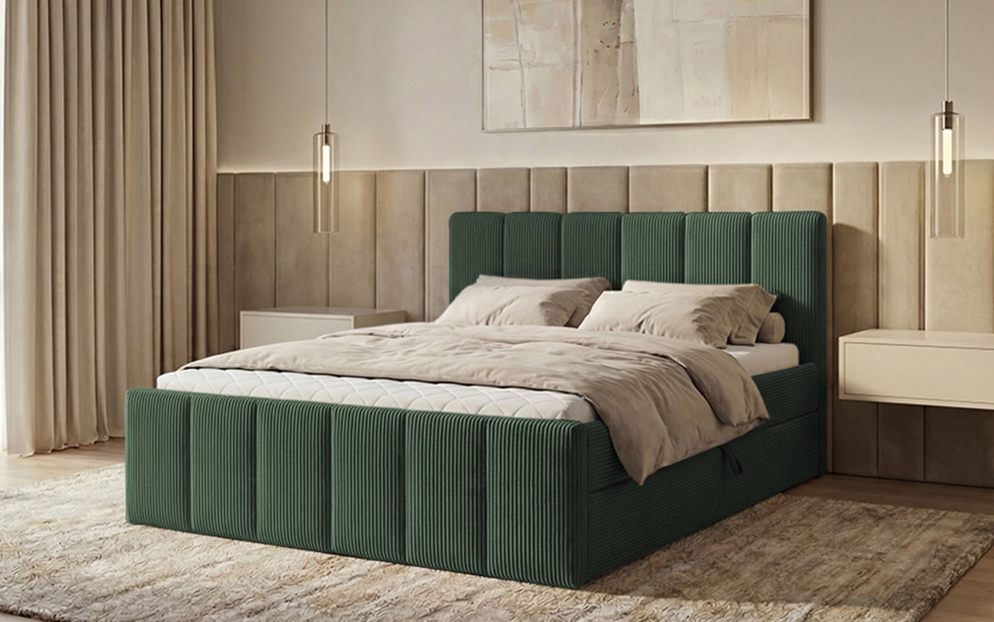 Lit boxspring Siena avec rangement relevable en Côtelé
