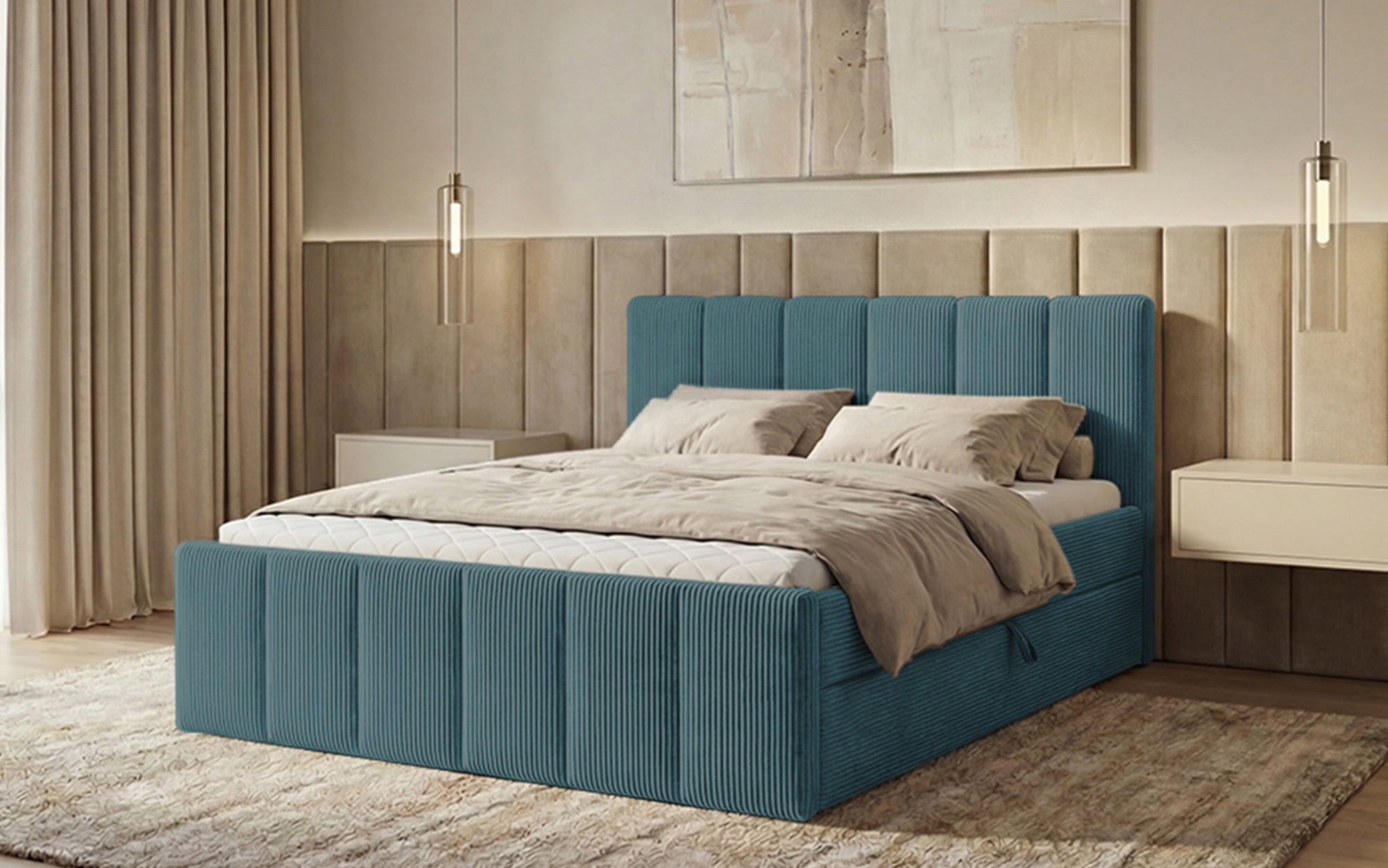Lit boxspring Siena avec rangement relevable en Côtelé