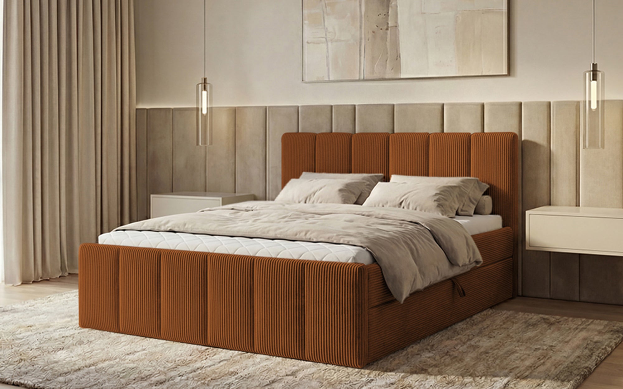 Lit boxspring Siena avec rangement relevable en Côtelé