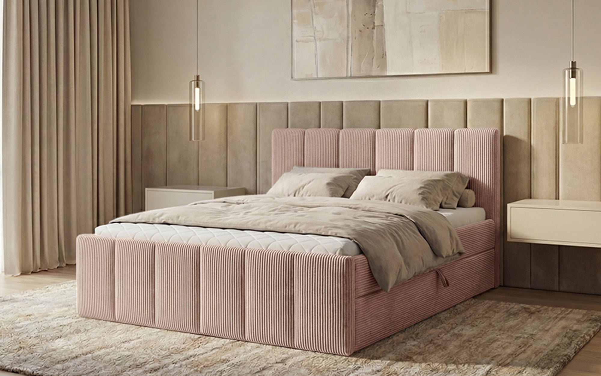 Lit boxspring Siena avec rangement relevable en Côtelé