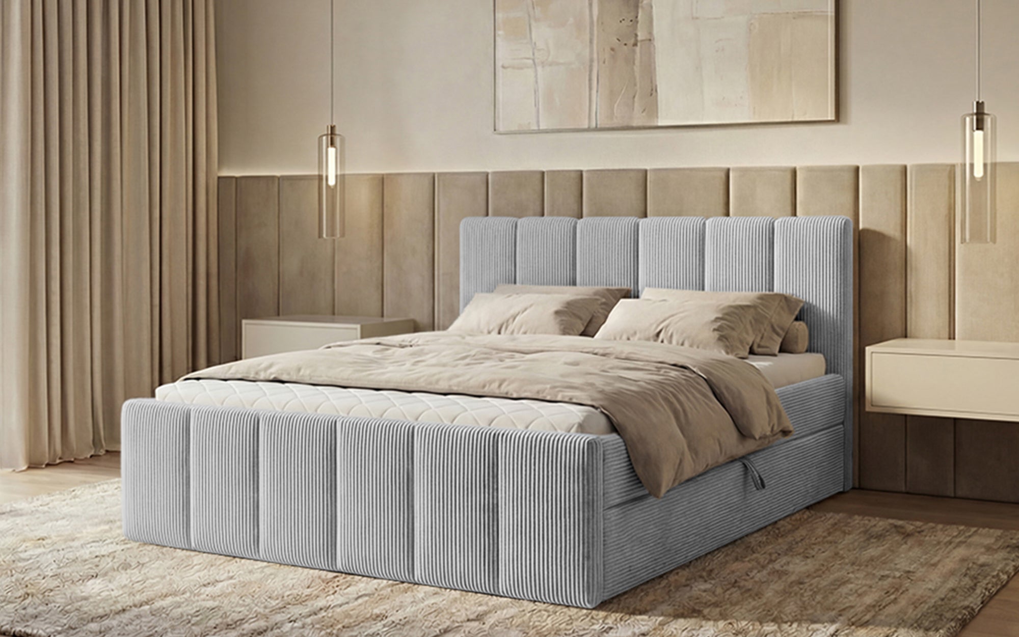 Lit boxspring Siena avec rangement relevable en Côtelé