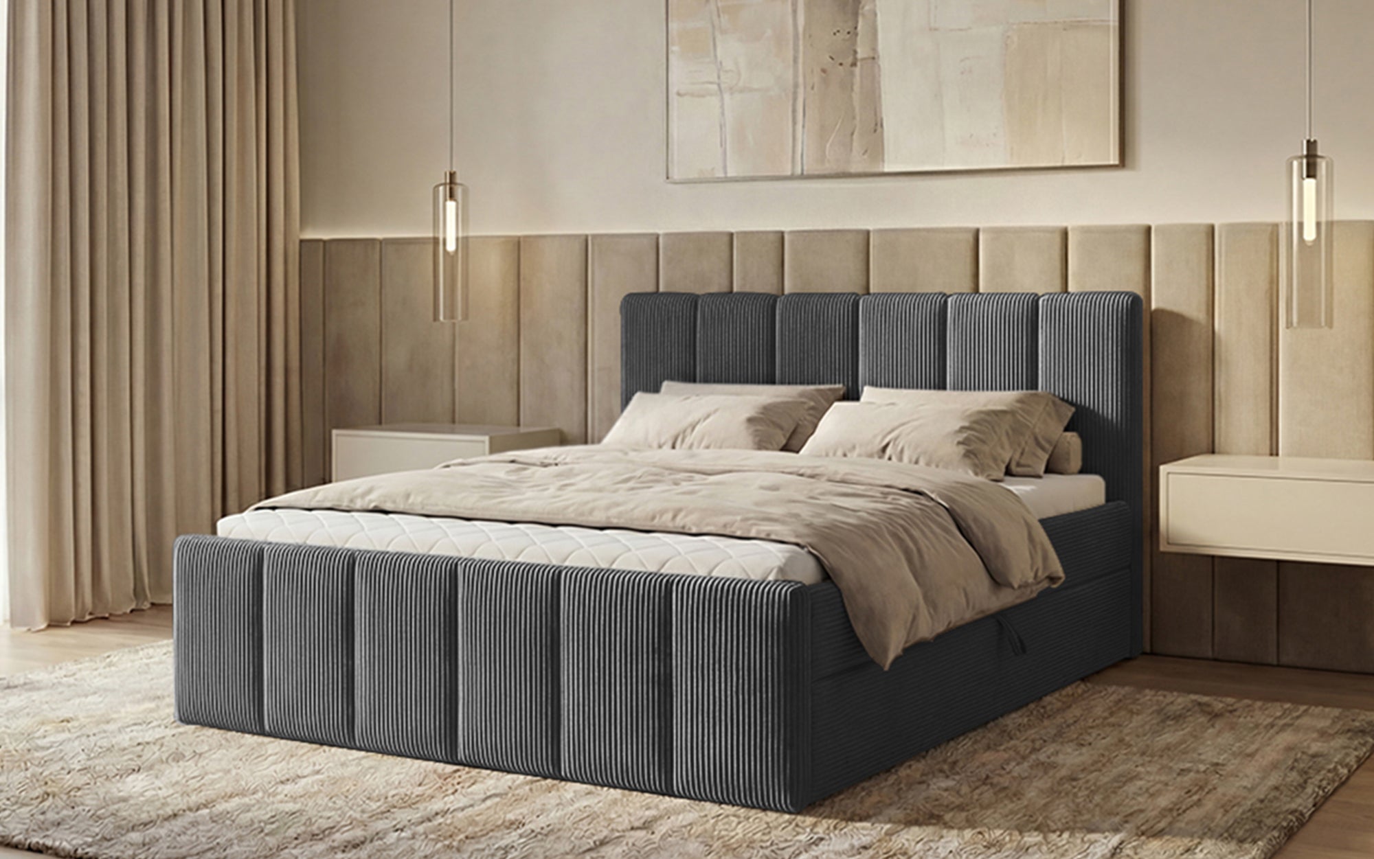 Lit boxspring Siena avec rangement relevable en Côtelé