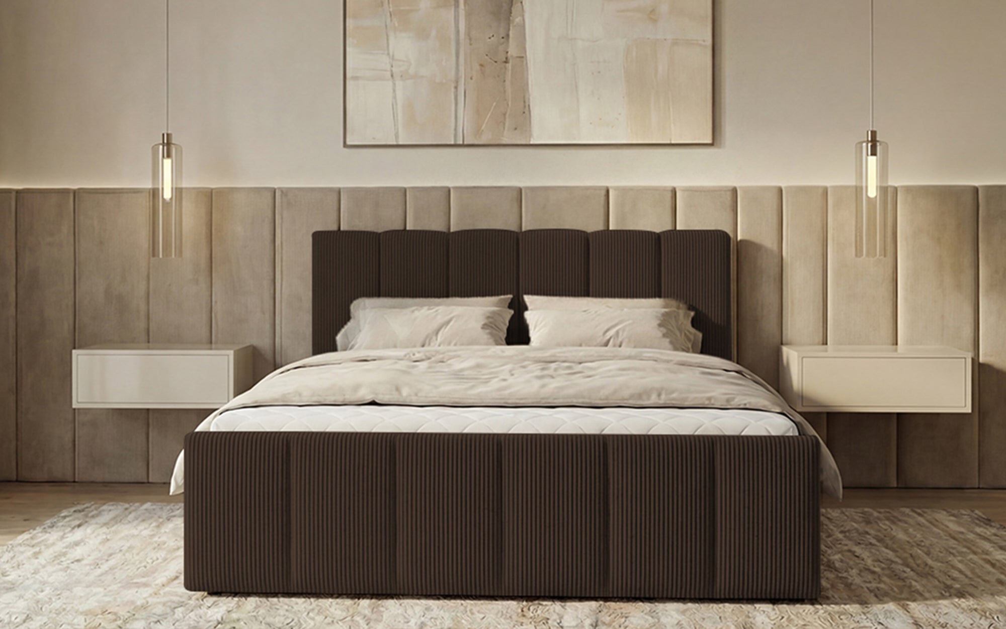 Lit boxspring Siena avec rangement relevable en Côtelé