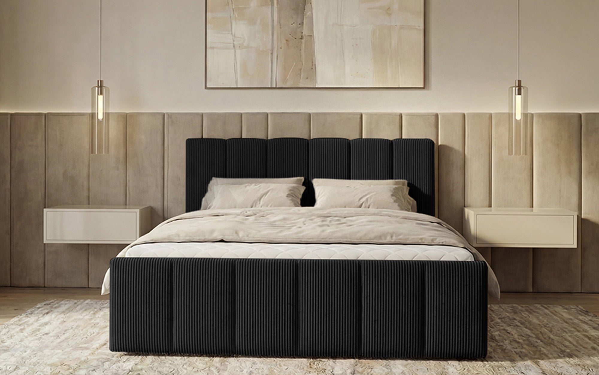 Lit boxspring Siena avec rangement relevable en Côtelé