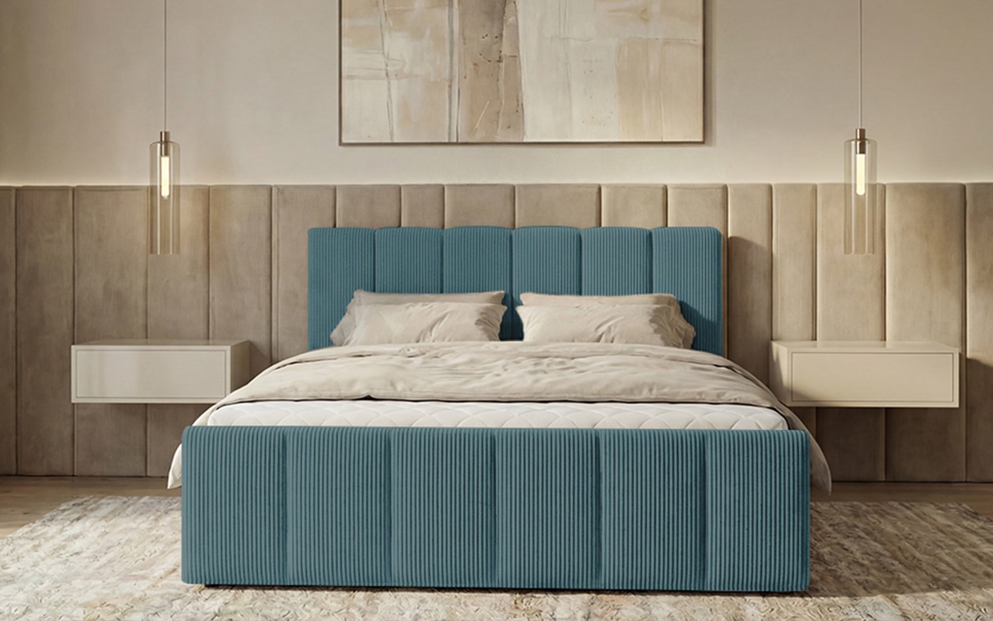 Lit boxspring Siena avec rangement relevable en Côtelé
