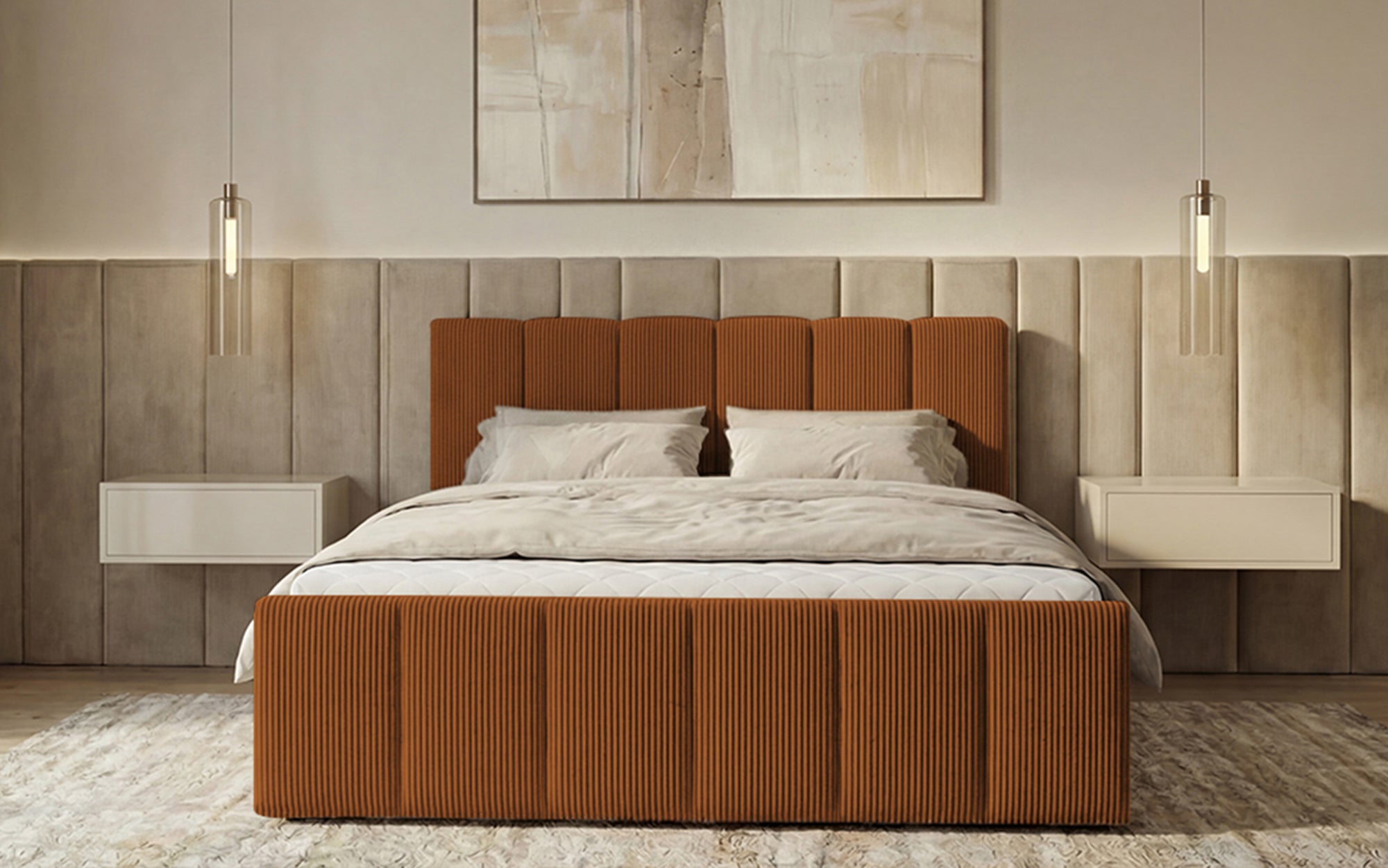 Lit boxspring Siena avec rangement relevable en Côtelé