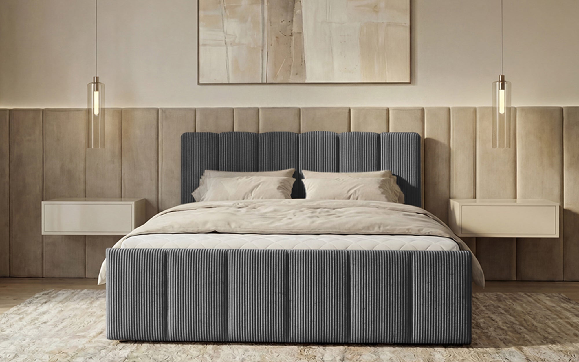 Lit boxspring Siena avec rangement relevable en Côtelé