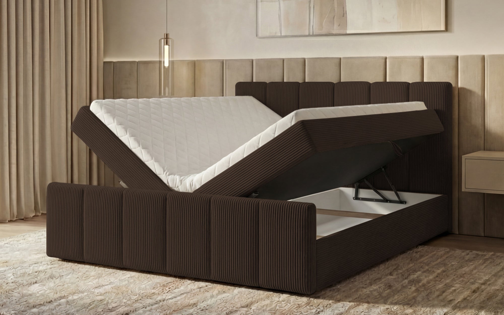 Lit boxspring Siena avec rangement relevable en Côtelé