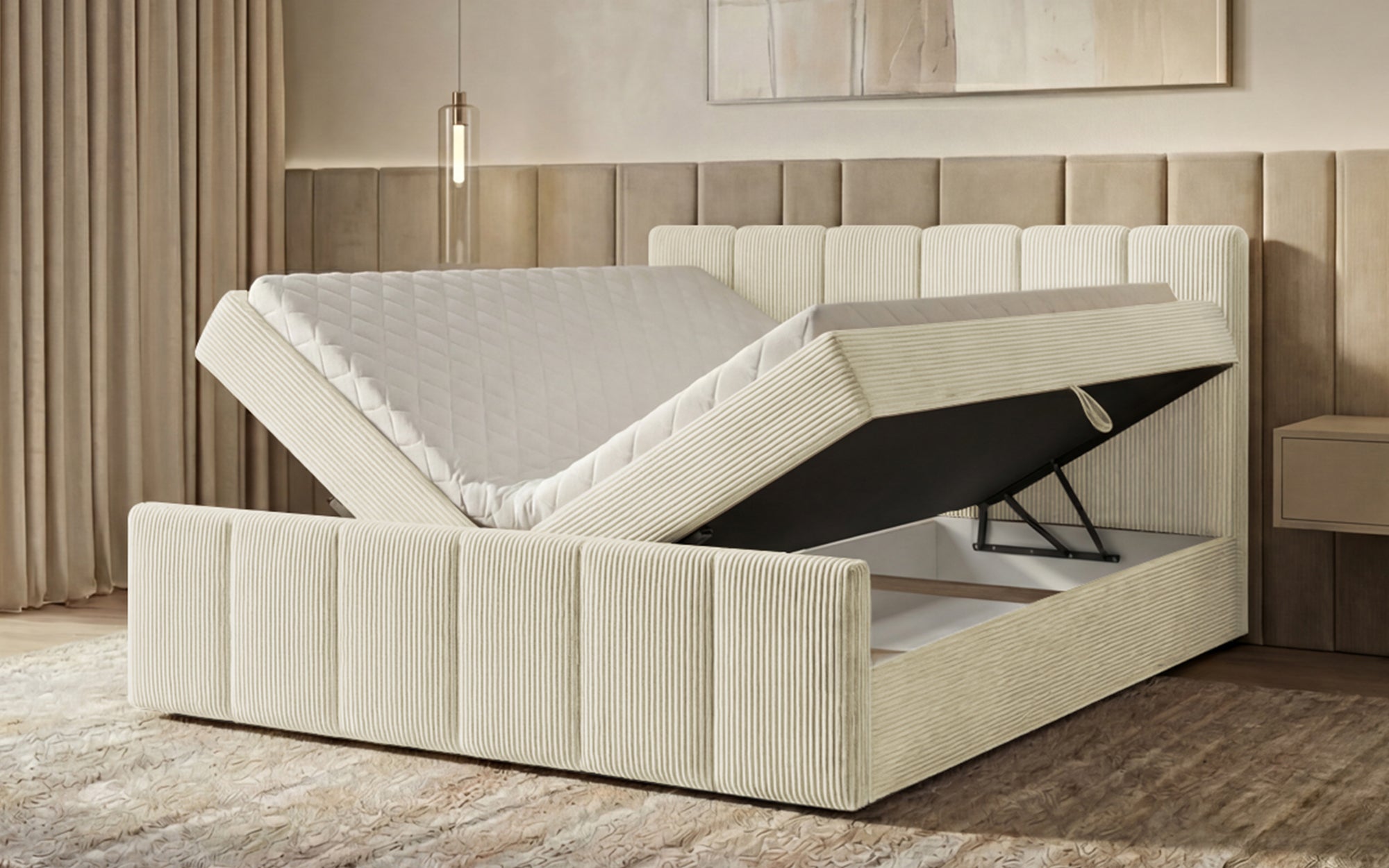 Lit boxspring Siena avec rangement relevable en Côtelé
